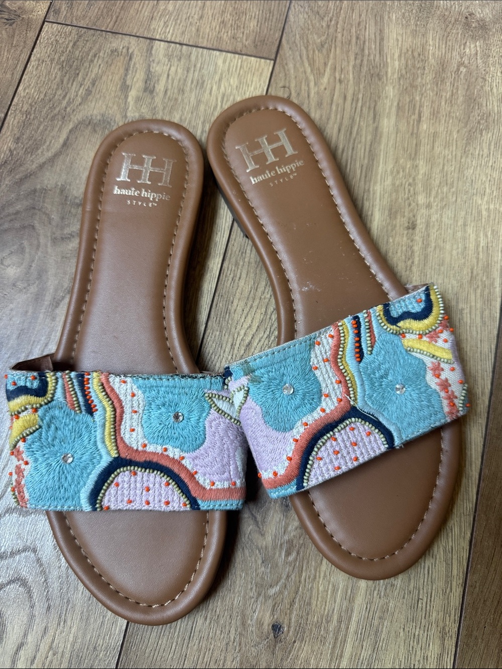Haute Hippie Multicolor Embroidered Slide Sandals - Turquoise Brown